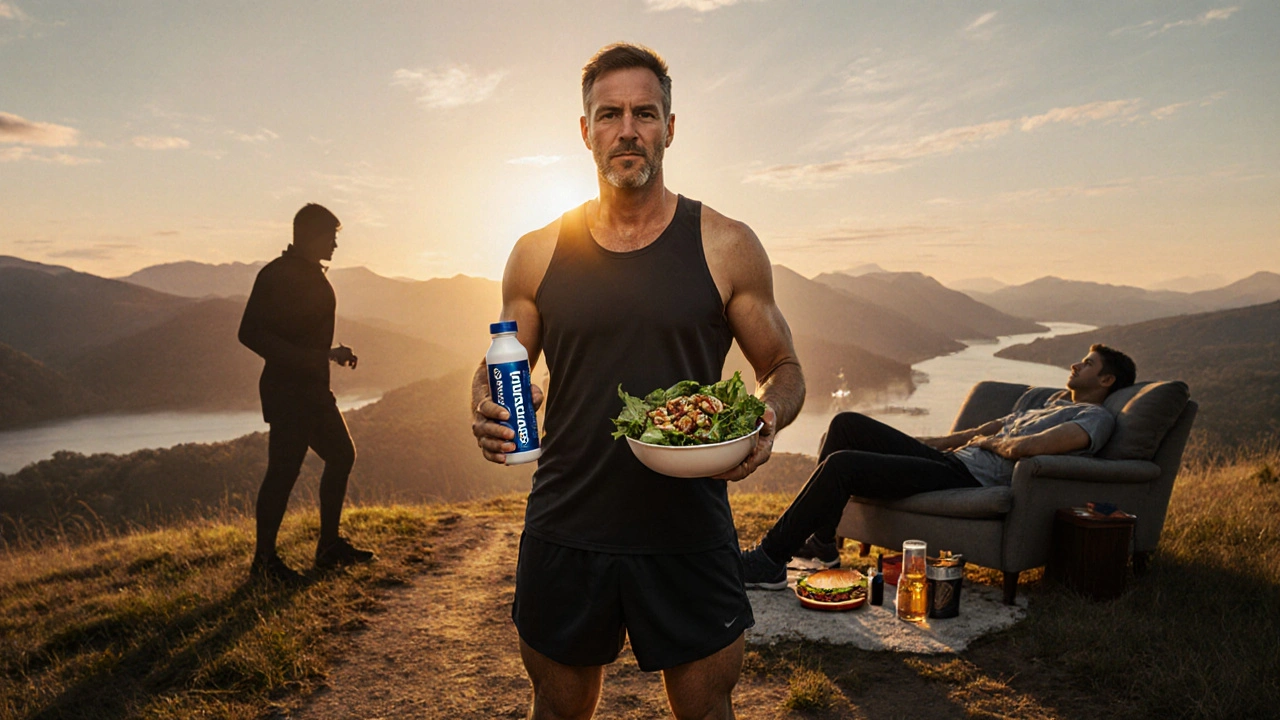 A healthy man at dawn holding Speman and healthy food, contrasted with a sedentary shadow.
