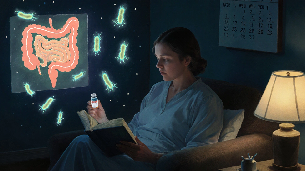 A patient reads at night with friendly bacteria sprites nearby, a colon diagram on the wall and progress calendar visible.