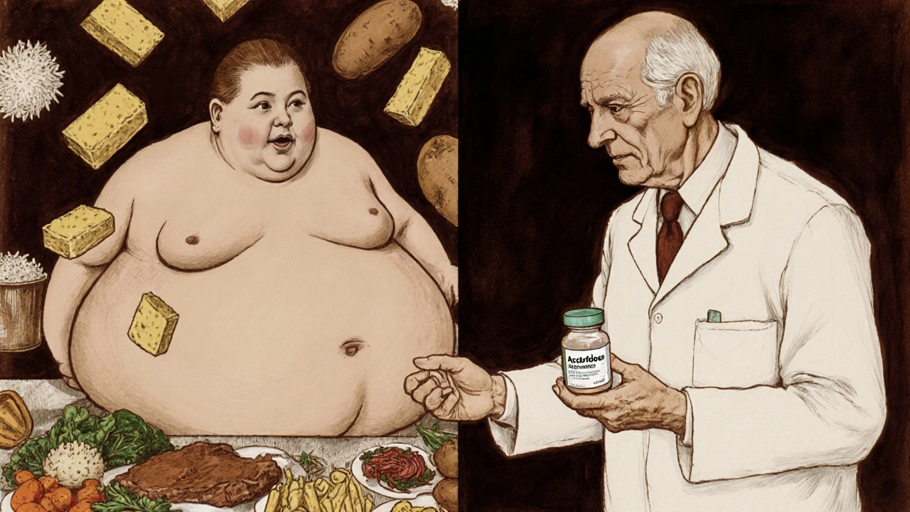 A pharmacist gives acarbose to an elderly patient, with contrasting images of bloating and healthy eating in the background.