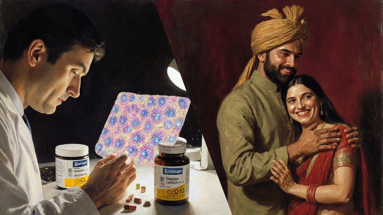 A scientist examining sperm cells beside a man taking Speman, with a couple embracing.