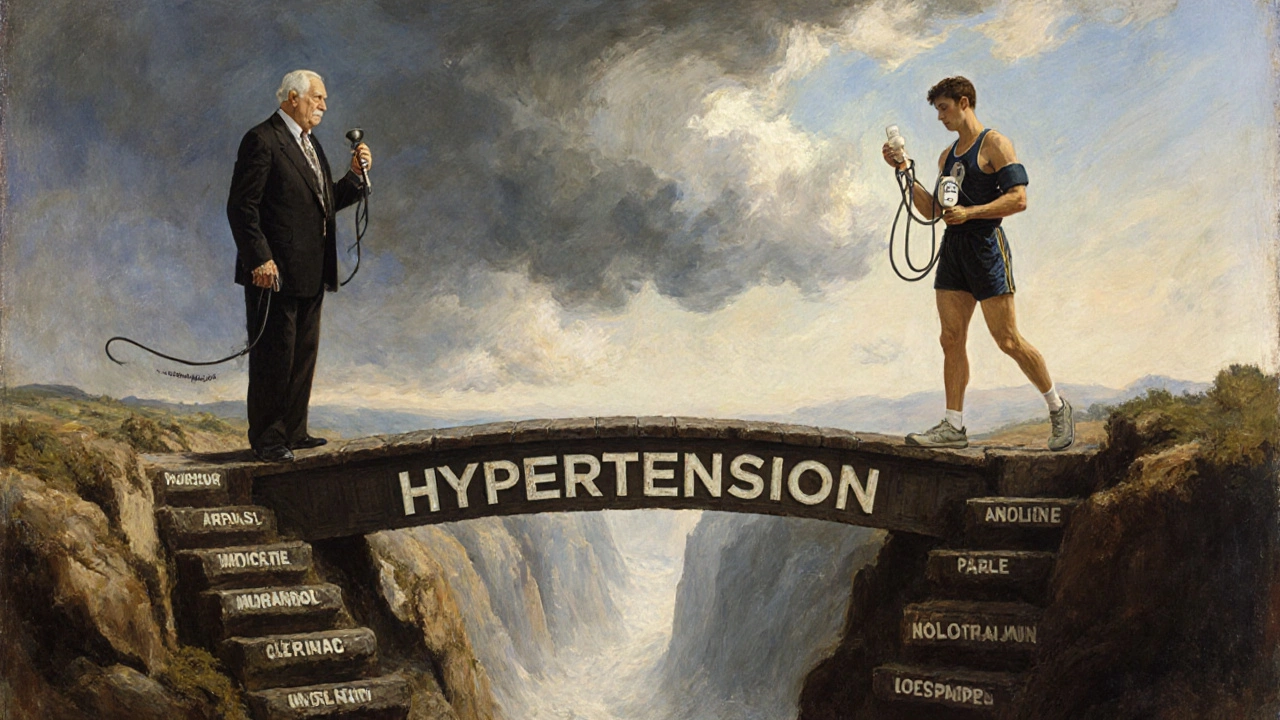 An elderly man and young athlete stand on a bridge of treatment options, symbolizing different paths to managing high blood pressure and anxiety.