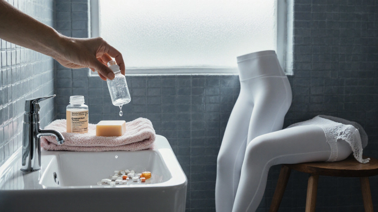 Bathroom scene with douching bottle, harsh soap, antibiotics, and tight synthetic underwear suggesting pH disruptors.