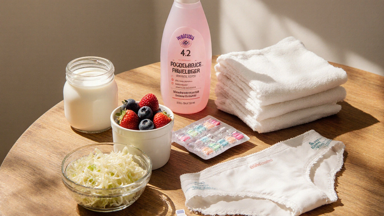 Bright flat‑lay of yogurt, kefir, sauerkraut, cotton underwear, cleanser and probiotic capsules promoting vaginal health.