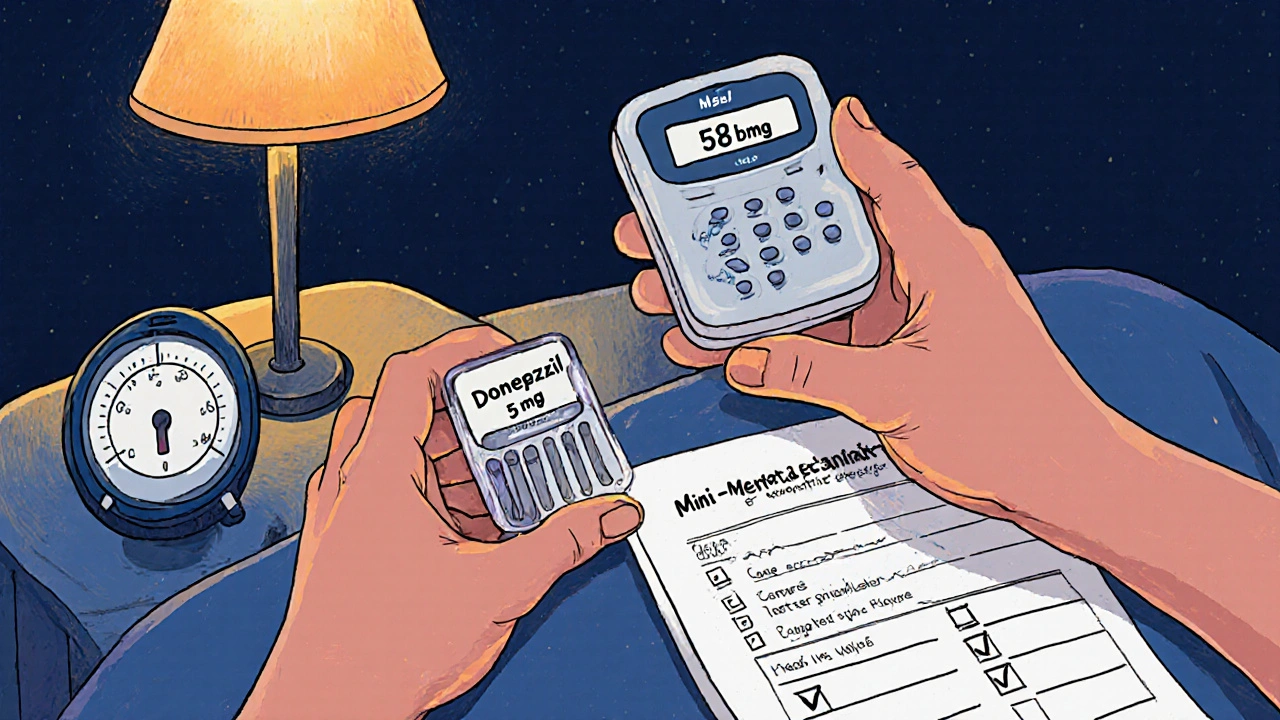 Caregiver checks weight, pulse, and MMSE sheet after starting Donepezil.