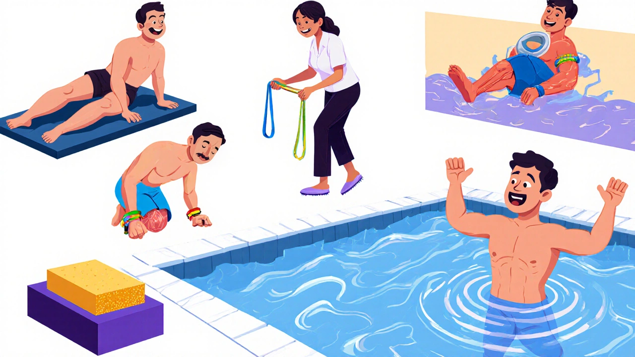 Cartoon of various arthritis PT exercises: stretching, bands, pool, manual therapy, balance drills.