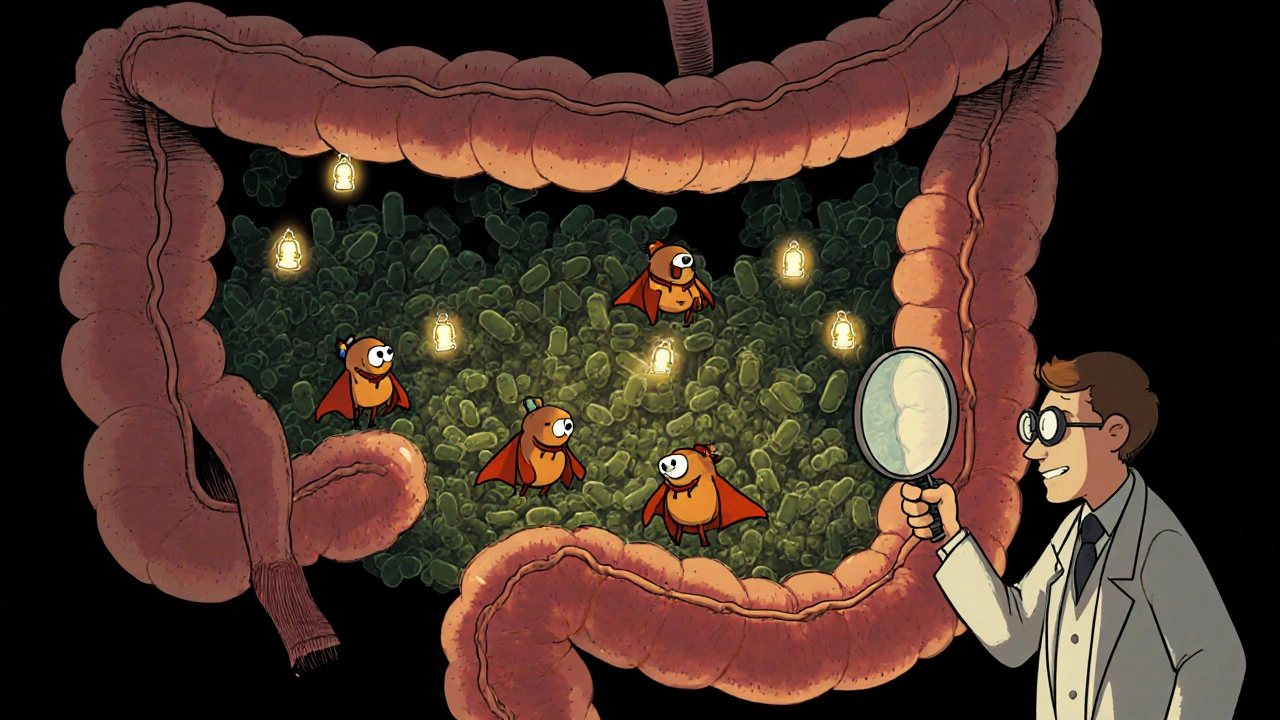 Close view of colon microbes showing Clostridia and glowing butyrate particles.