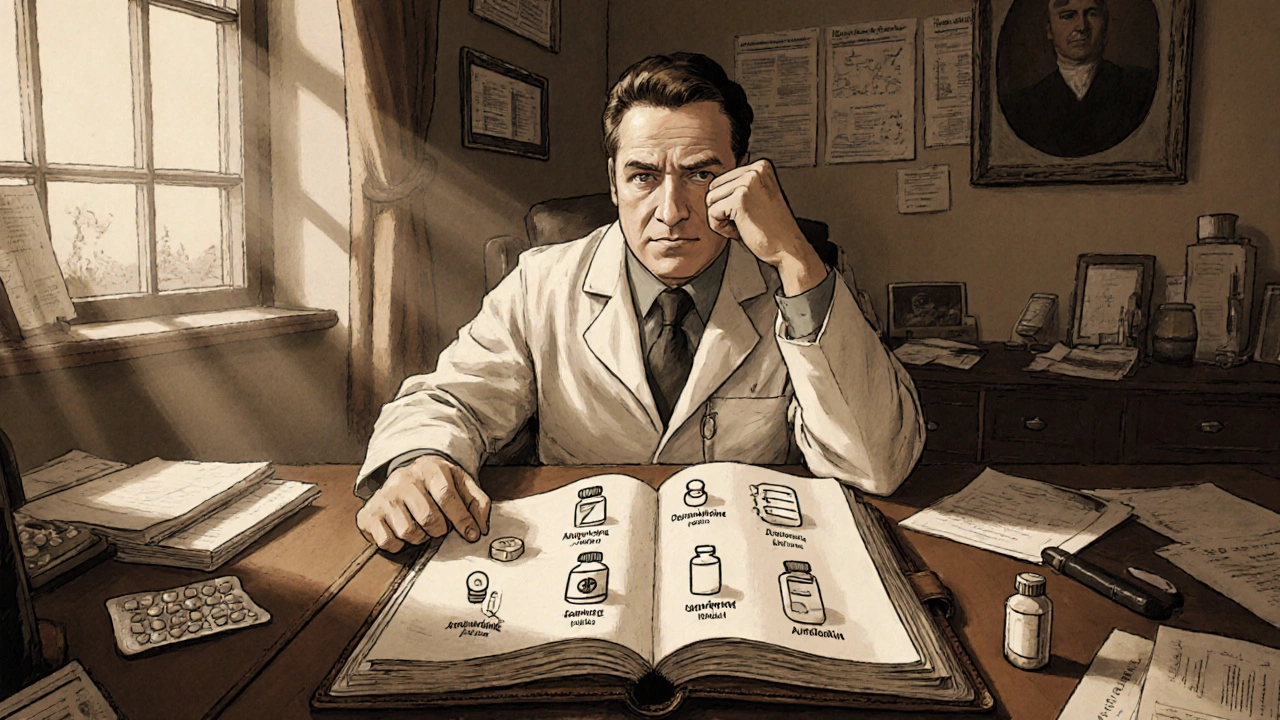 Doctor at a desk examines hand‑drawn icons of five different antibiotics.