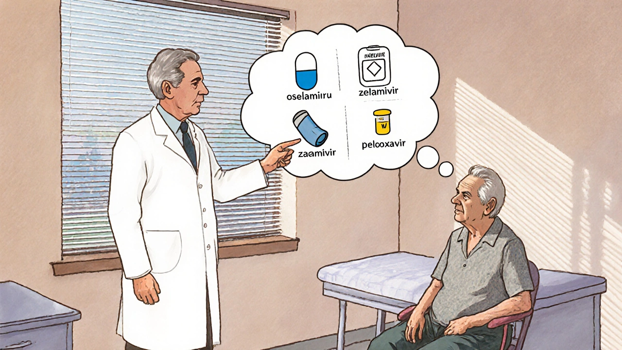 Doctor consulting an elderly patient, showing icons of different flu antivirals in thought bubbles.