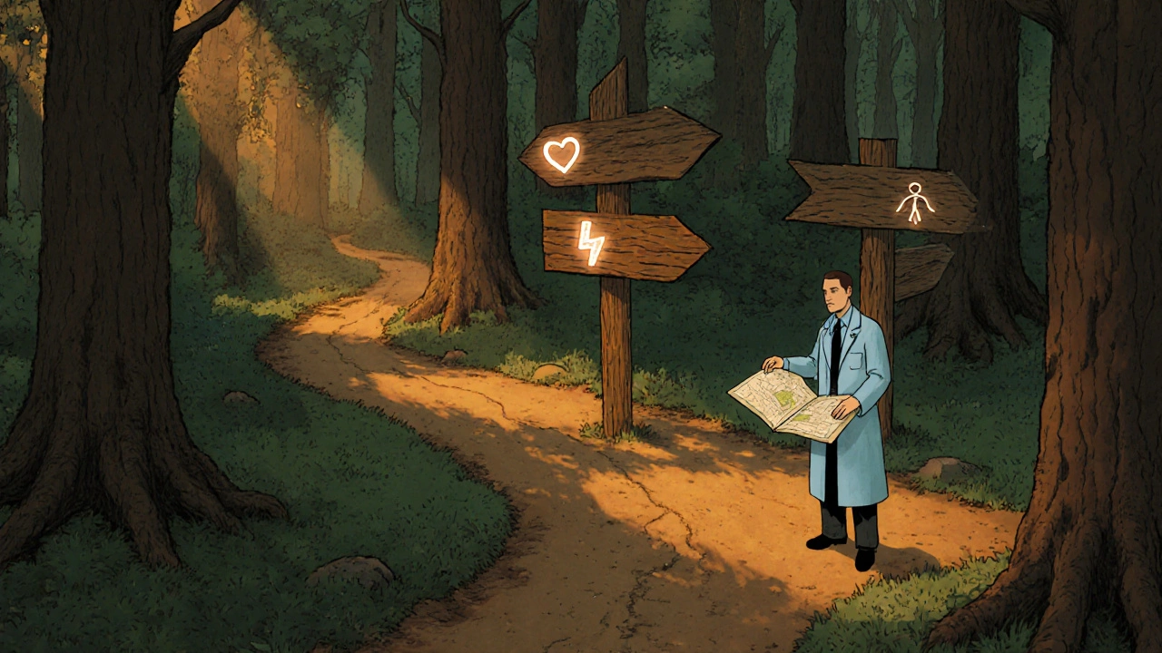 Doctor stands at a forest crossroads with signposts representing treatment choices.