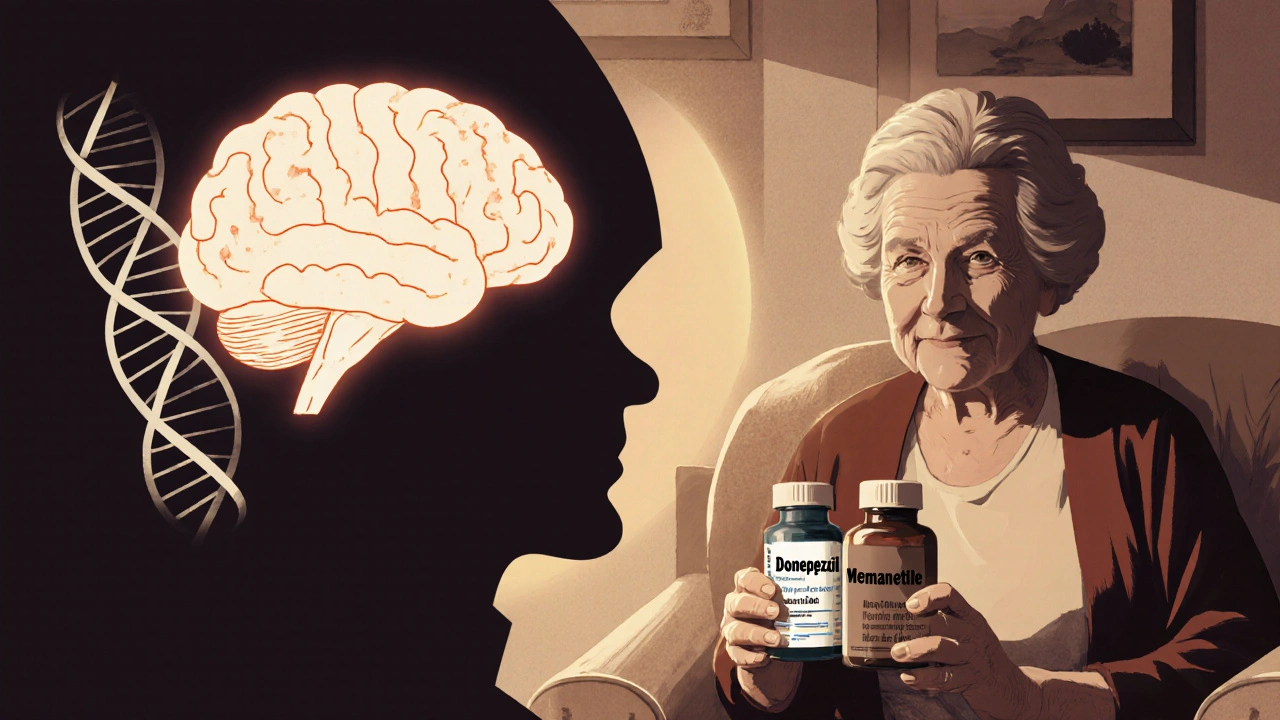 Elderly woman holds Donepezil and Memantine bottles with brain and DNA icons.