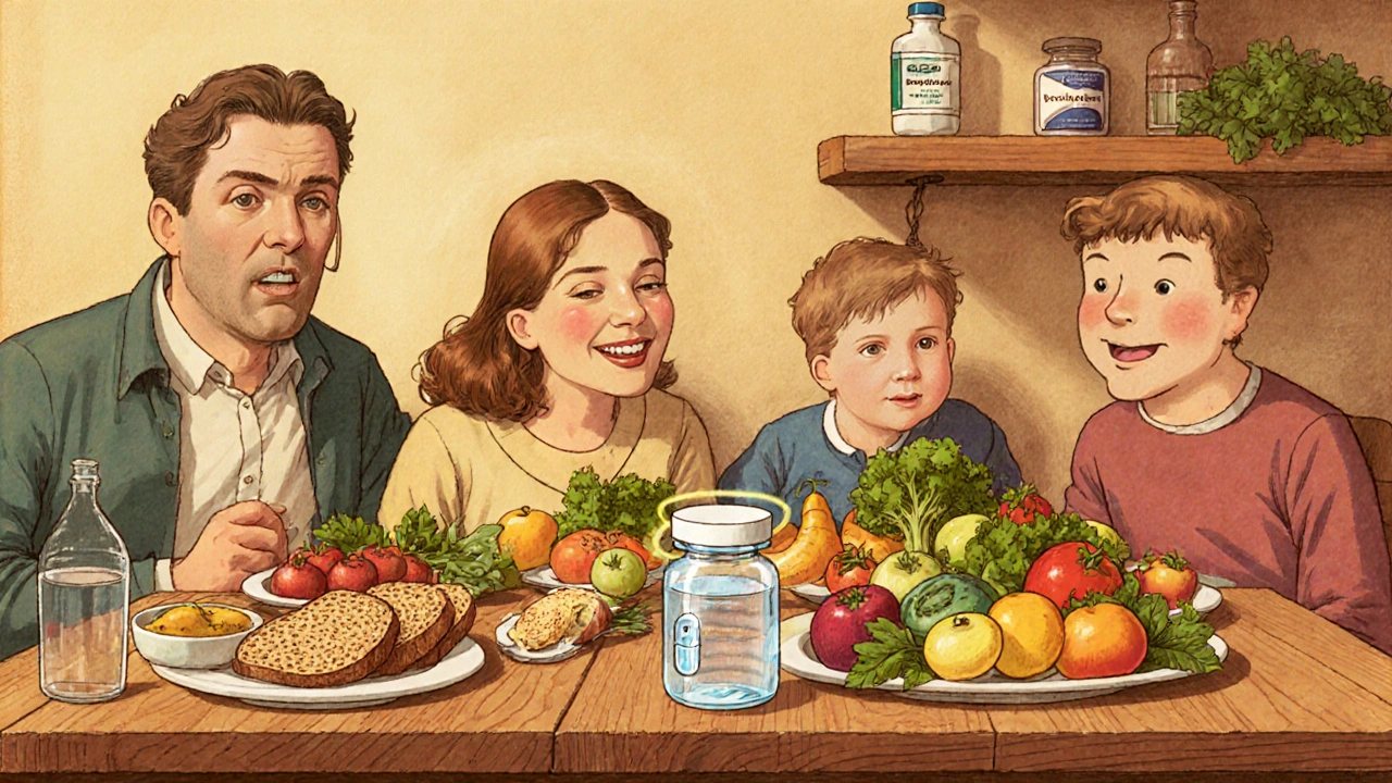 Family at kitchen table with high‑fiber foods, water, and probiotic capsule.