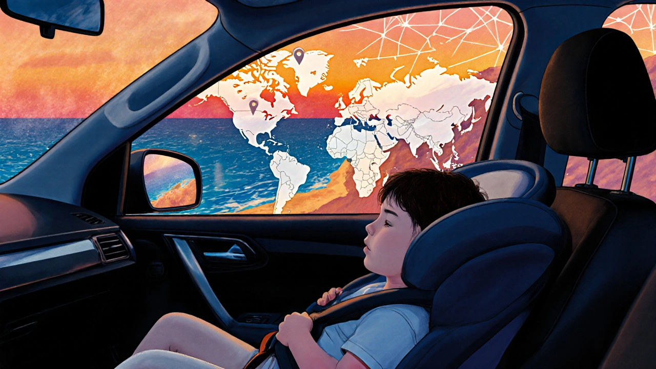 Family on a road trip with baby, map and brain icons indicating growth.