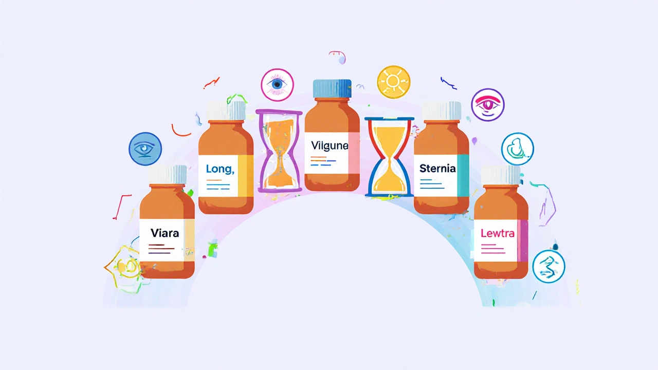 Five pill bottles with surrounding hourglass shapes and side‑effect icons representing different ED meds.