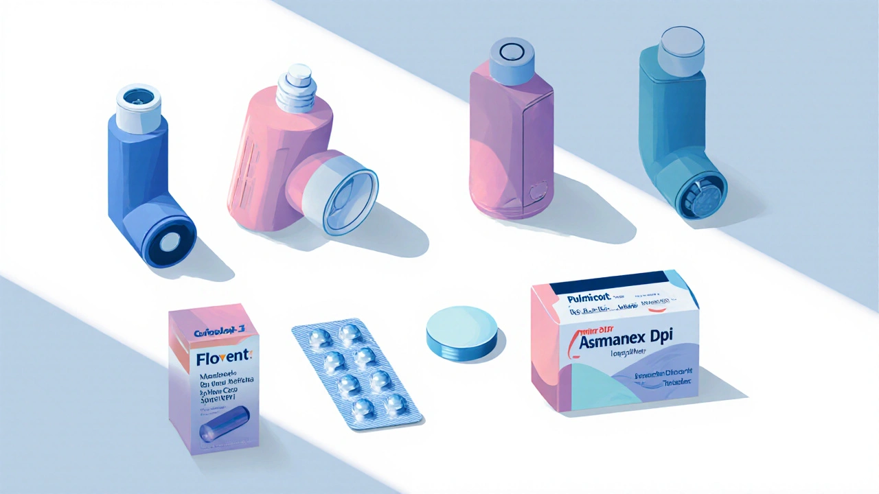 Flat illustration of various inhalers and a Montelukast tablet arranged on a table.