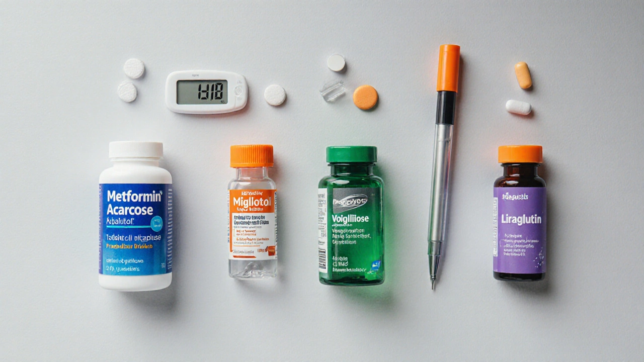 Flat lay of various diabetes drugs including metformin, acarbose, miglitol, voglibose, sitagliptin, liraglutide, and empagliflozin.