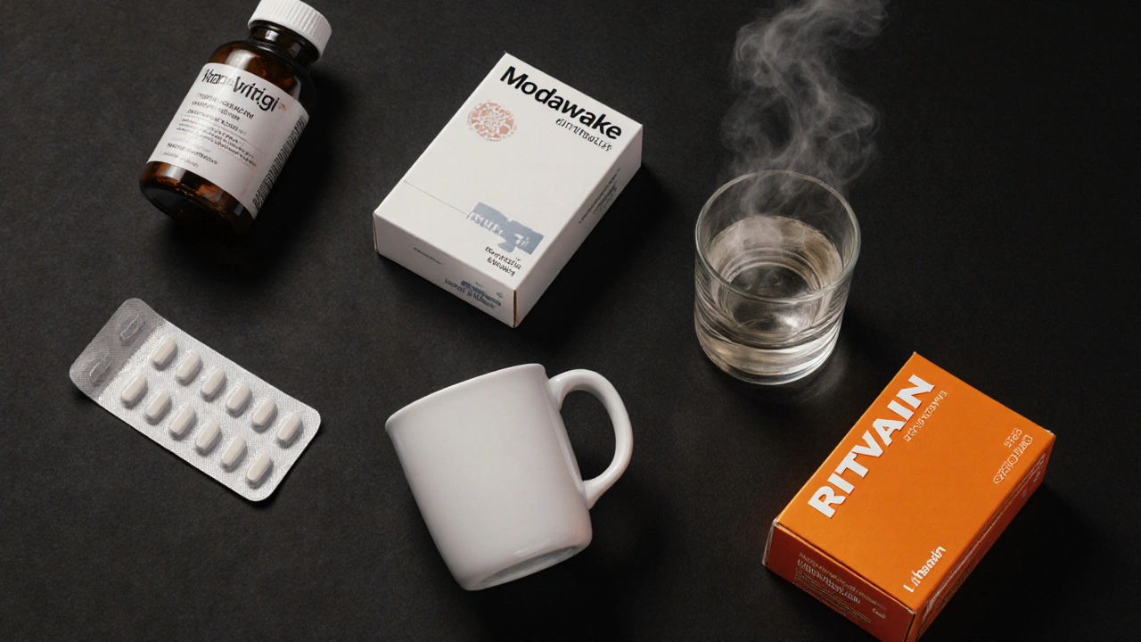 Flat‑lay of various wake‑fulness products: Modawake, Provigil, Nuvigil, Adrafinil, coffee, L‑theanine, Ritalin.
