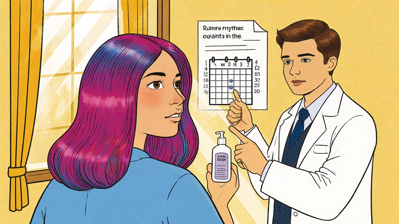 Happy individual with colored hair looking in a mirror, dermatologist offering advice, calendar showing spaced treatments.