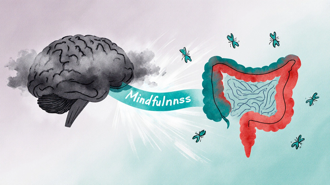 Illustration of a brain&#039;s stress clouds cleared by a teal mindfulness ribbon toward a colon.