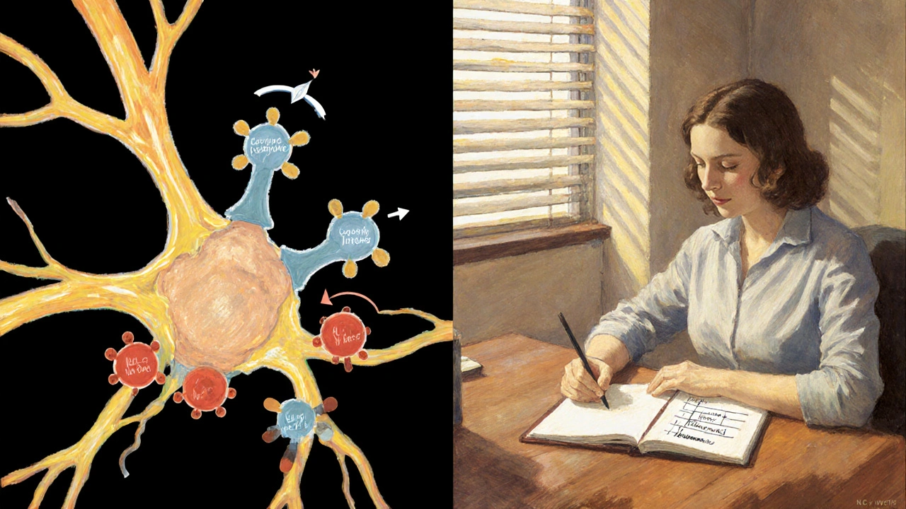 Illustration of a neuromuscular junction with medication molecules and the woman noting dosage on a notebook.