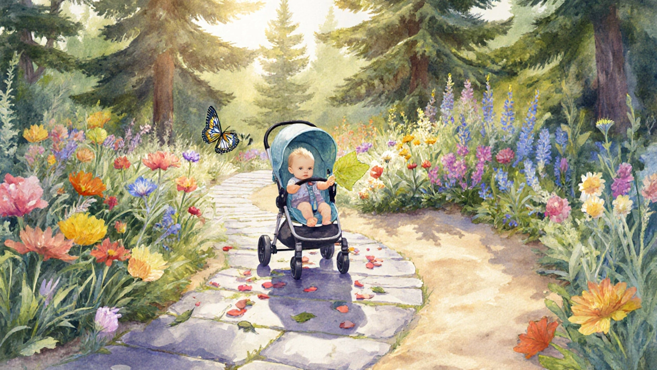 Infant in a stroller exploring a vibrant botanical garden.