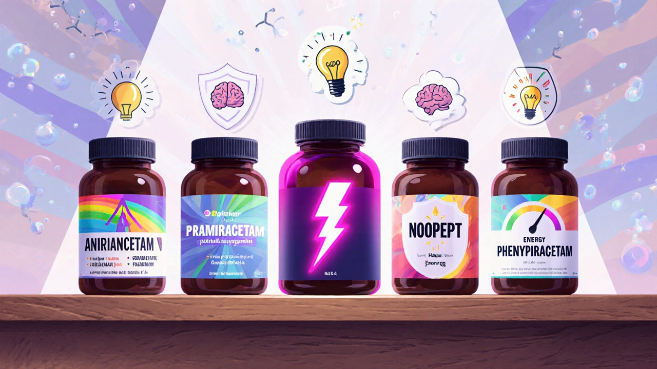 Lineup of racetam bottles each highlighted with icons for creativity, alertness, potency, neuroprotection, and energy.