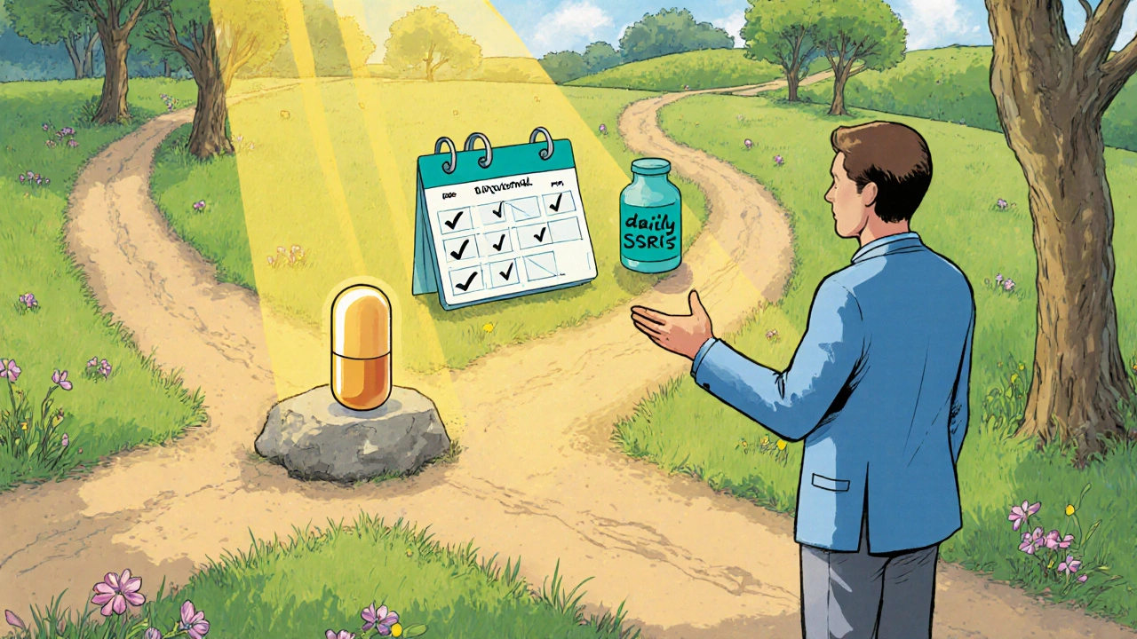 Man at a meadow crossroads choosing between a single pill path and a daily routine trail with a therapist.