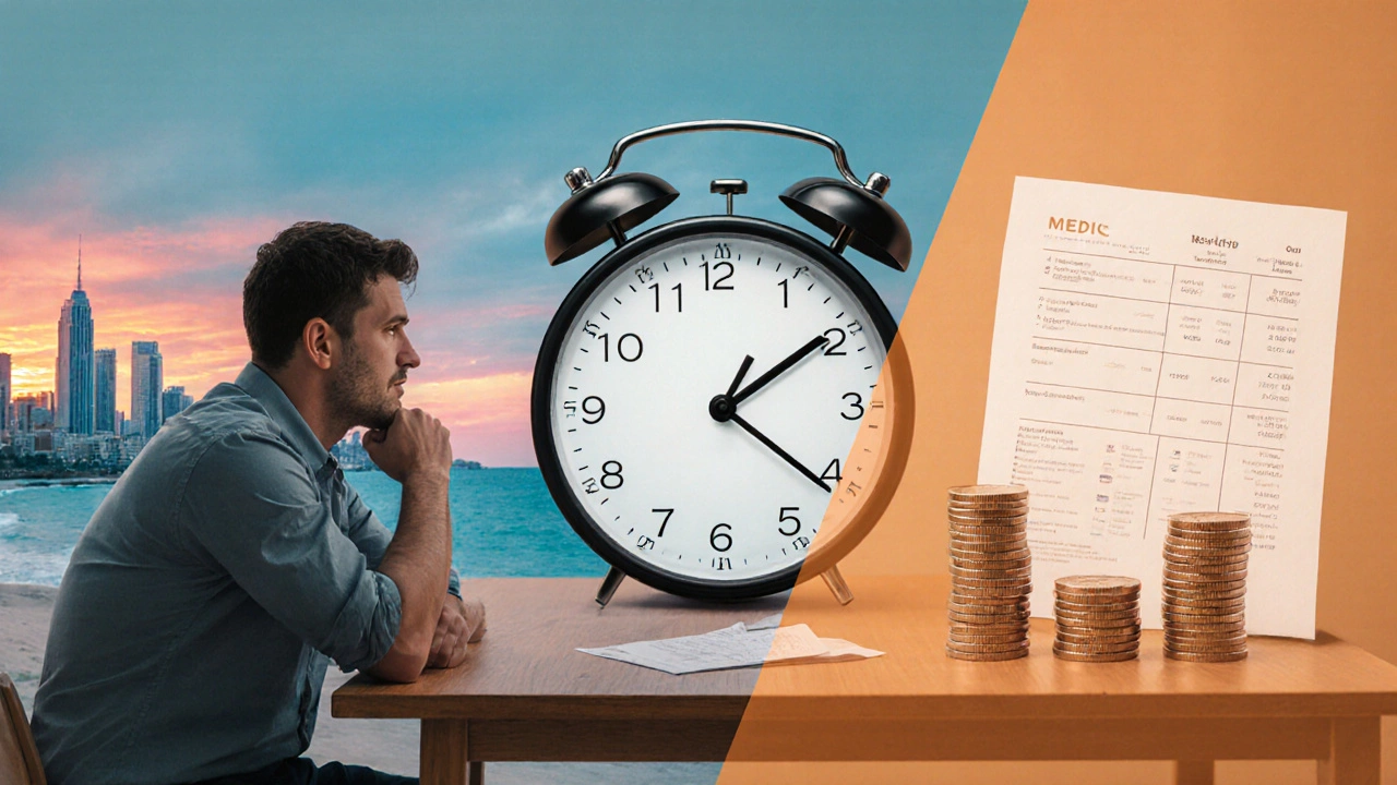 Man at a table with three zones showing beach, fast clock, and coins with medical chart, depicting choice factors.