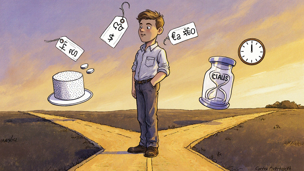 Man choosing between different ED medication options at a dusk-lit crossroads.