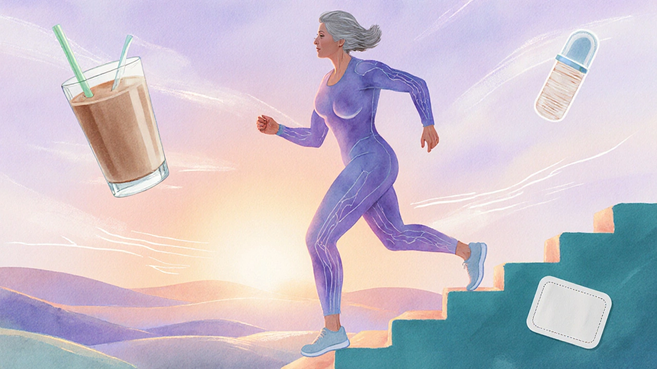 Painterly scene of a confident woman climbing stairs, highlighted to show strong muscles and flexible tendons.