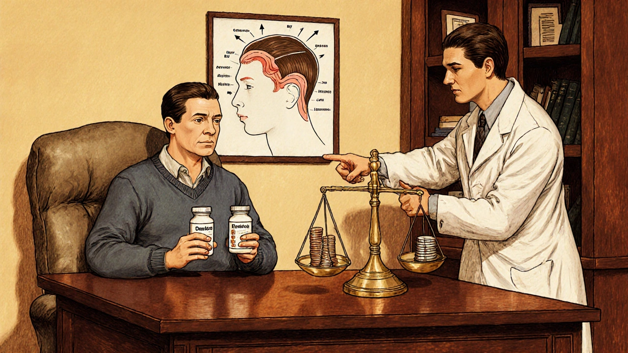 Patient and dermatologist discussing two pill bottles on a scale with coins representing cost.