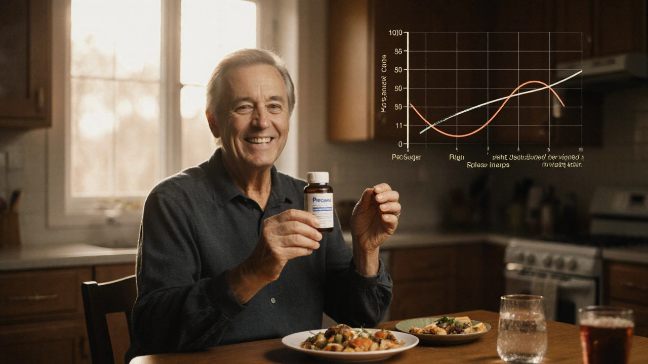 Patient smiling at kitchen table holding acarbose bottle with subtle glucose curve overlay.