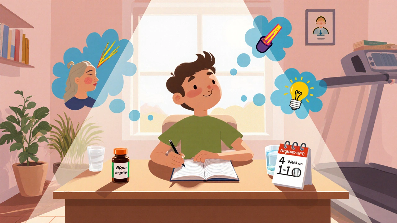 Person at a sunny desk tracking supplement use with thought bubbles showing memory, focus, creativity, and cycling schedule.