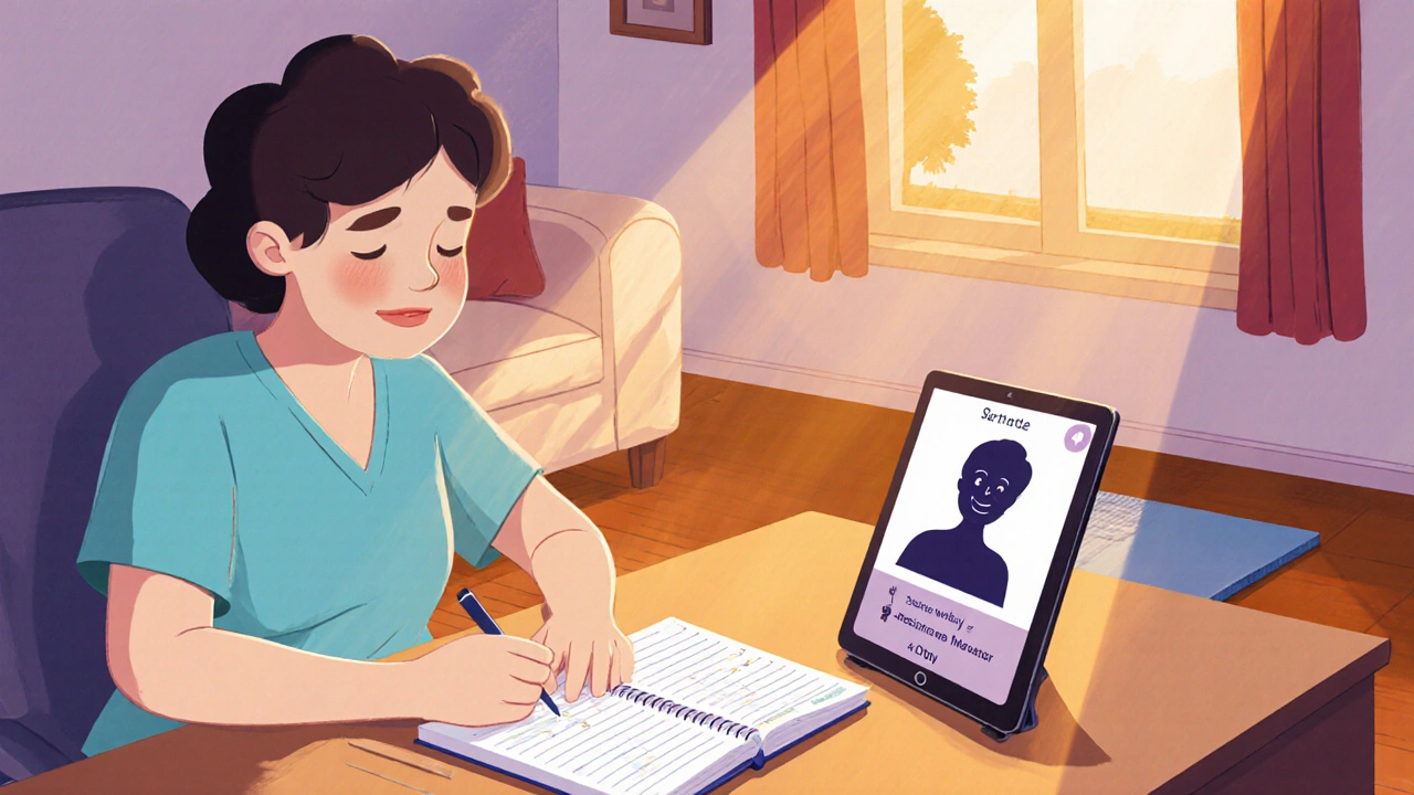 Person recording progress and exercising at home, feeling motivated.