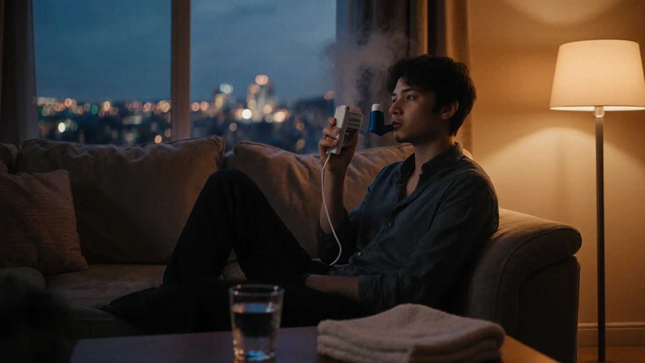 Person using a spacer with an inhaler in a cozy living room at dusk.