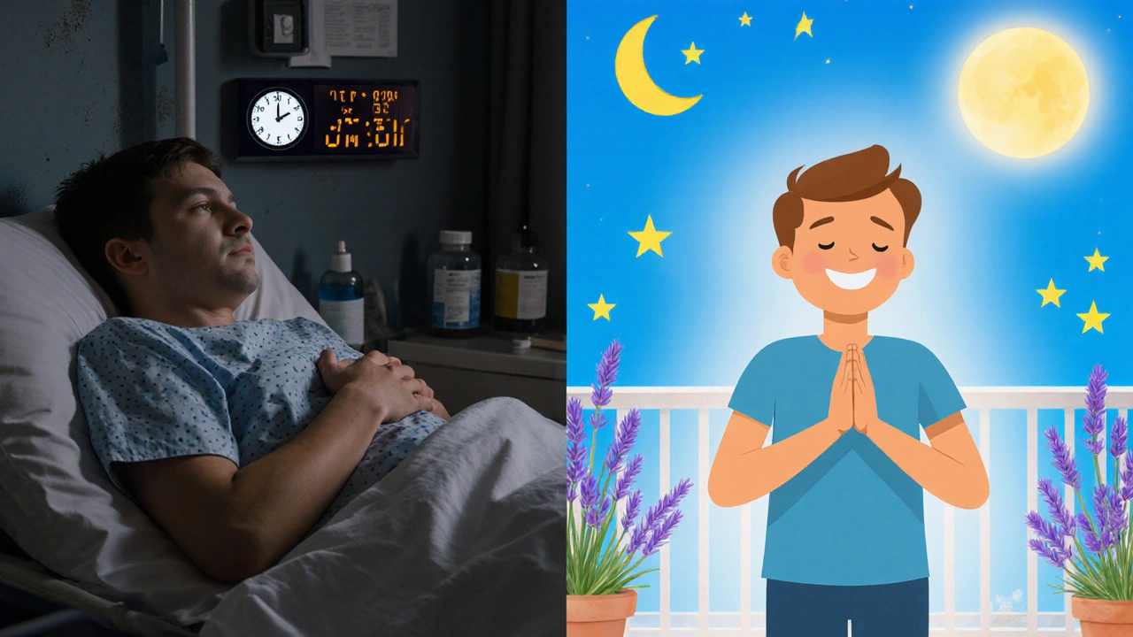 Split image showing a patient in a dim hospital versus relaxed outdoors after mindfulness.