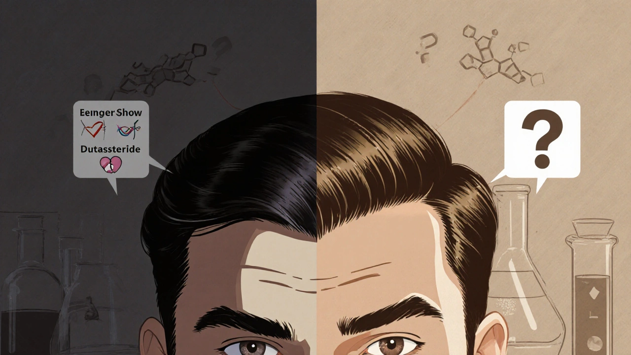 Split view of a man's head showing denser hair with Dutasteride and medium hair with Finasteride, plus side‑effect icons.