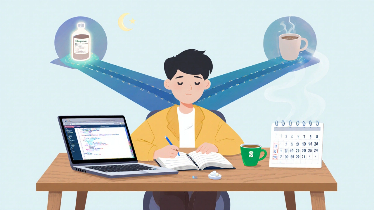 Student at desk with coffee, tea, pill, and split paths symbolizing wake‑fulness choices.