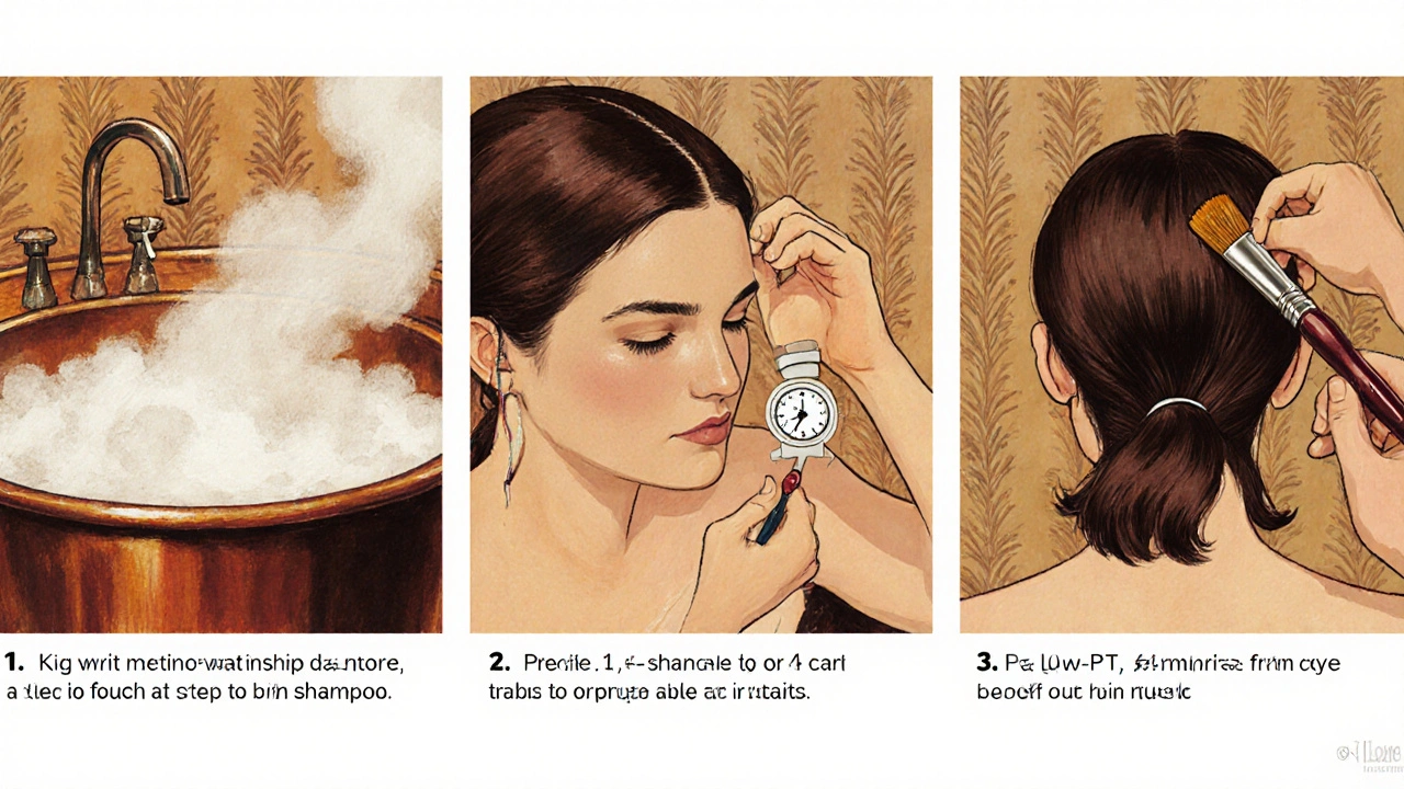 Three panels: washing hair, applying minoxidil, then low‑pH dye applied only to hair shafts.