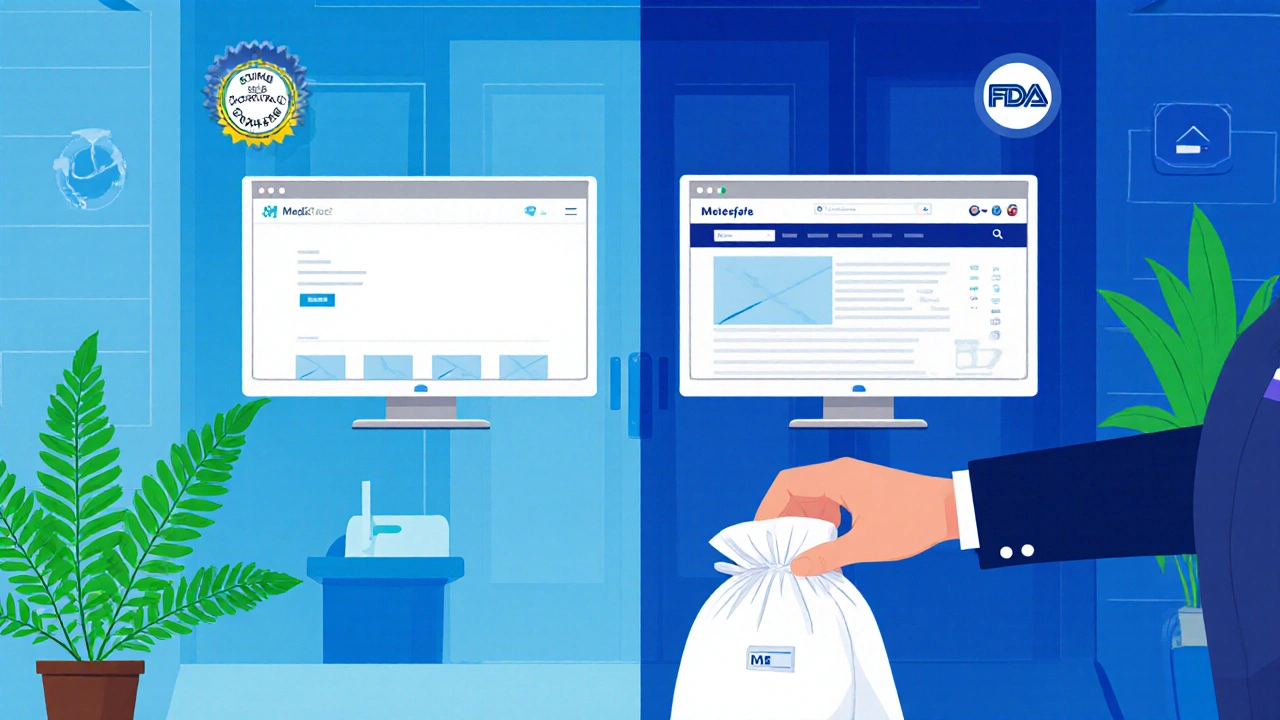 Two pharmacy websites on monitors with regulatory icons, courier places sealed parcel into delivery bag.