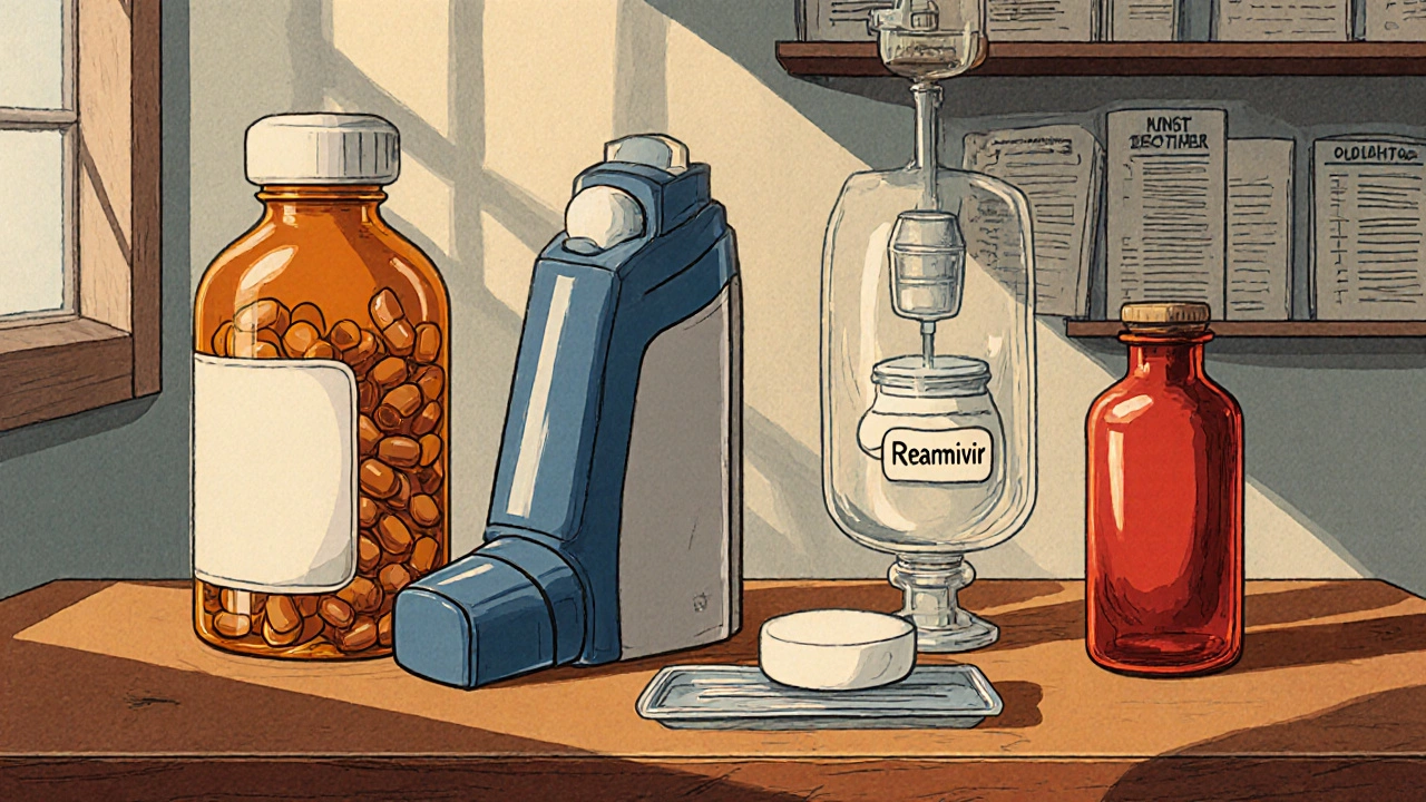 Various flu antiviral forms displayed on a wooden table: capsules, inhaler, single pill, IV bag, and rimantadine tablets.