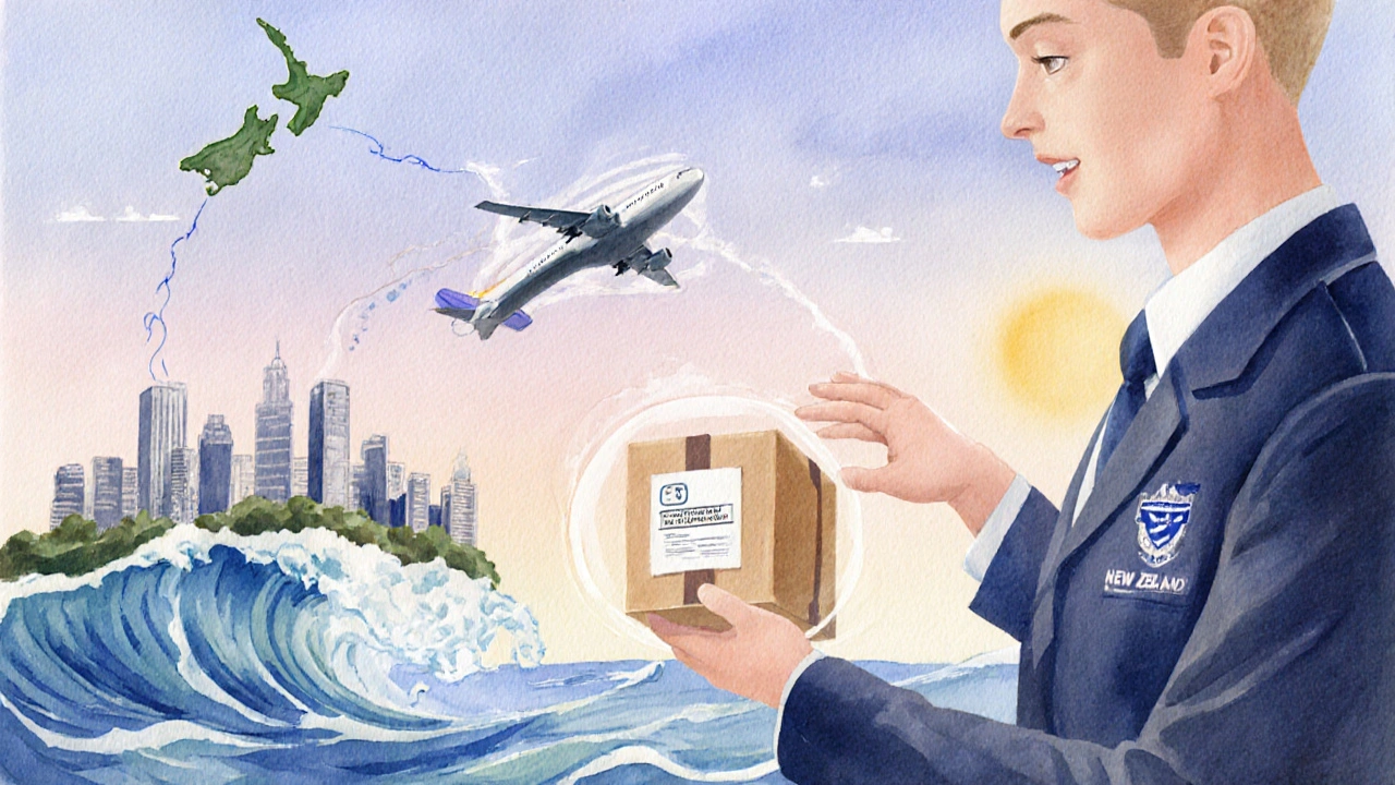 Watercolor of a medication parcel traveling across sea and air, delivered to a New Zealand doorstep.