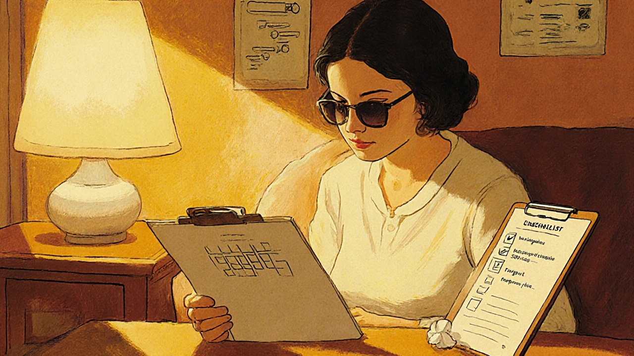 Woman reading under a lamp with sunglasses, holding a checklist and a supportive community chat in the background.