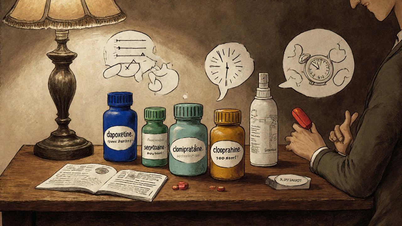 Wooden table displays various pills, spray can, sildenafil tablet, and a figure practicing stop‑start technique.