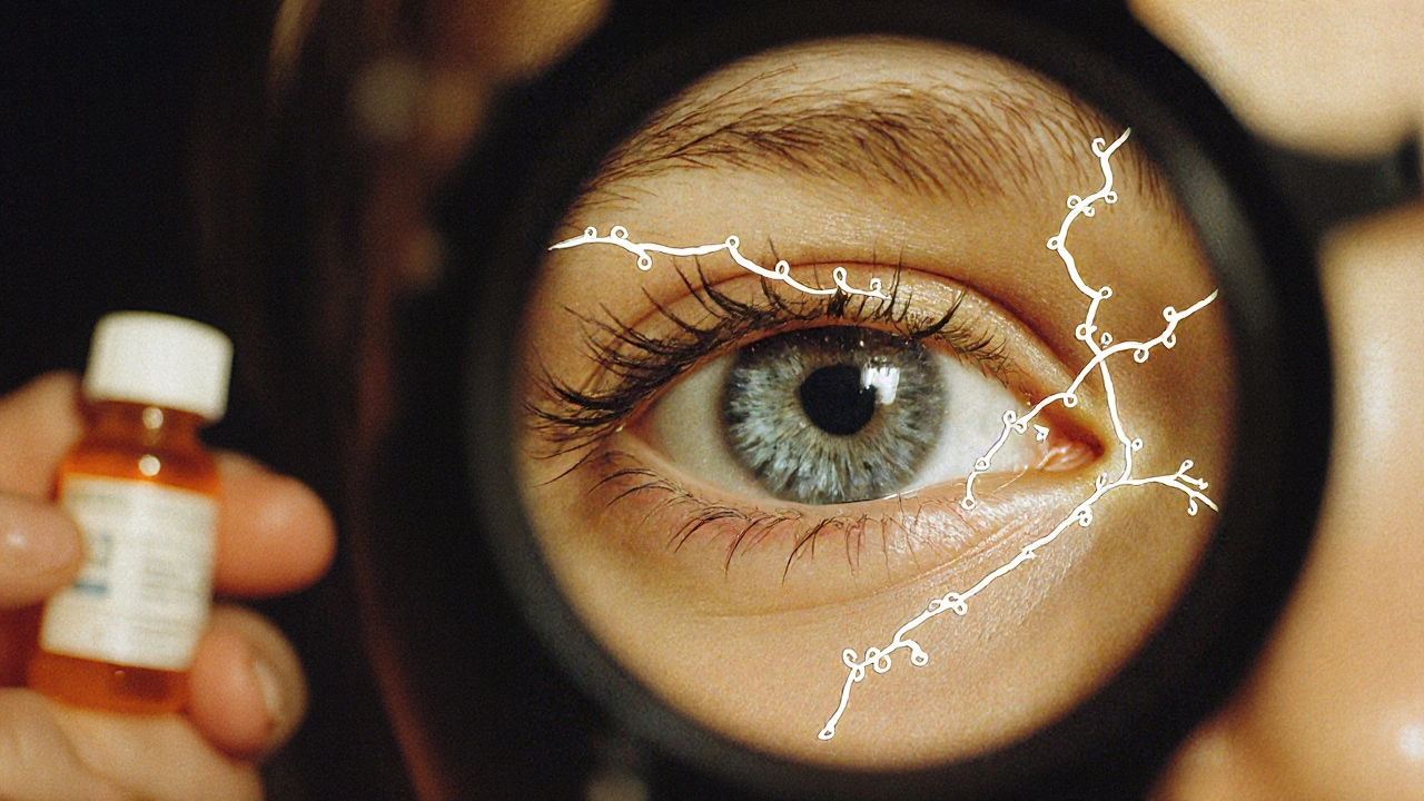 A child&#039;s eye under a microscope showing a cloudy cataract with glowing molecular bonds.