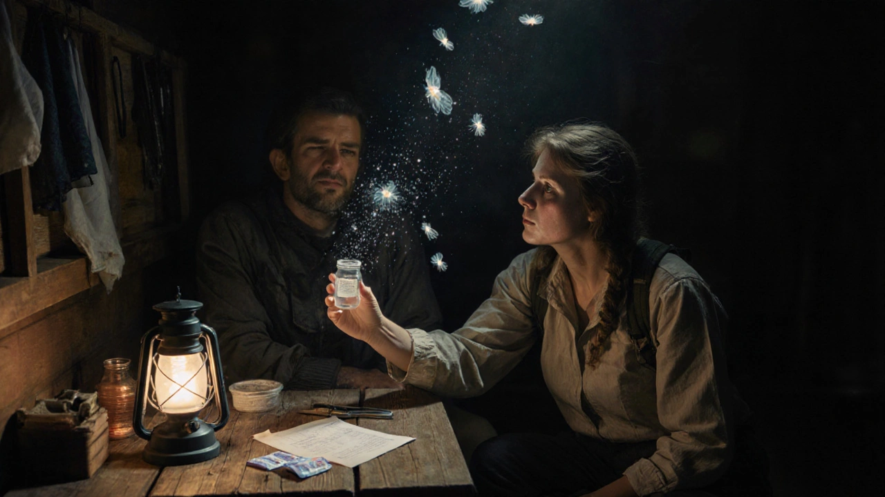 A clinician and hiker in a remote clinic as Giardia parasites dissolve in light, symbolizing successful diagnosis.