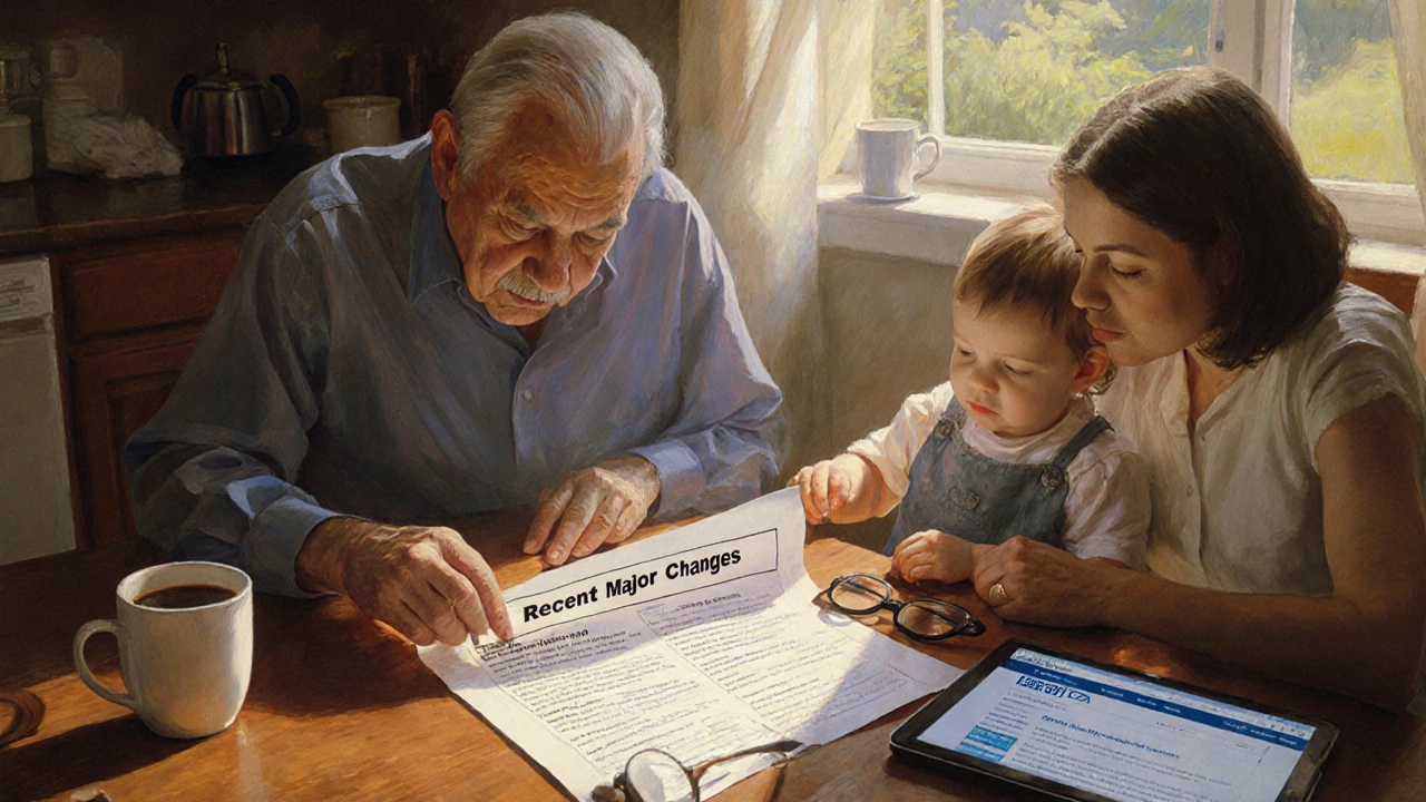 A family reads an FDA drug label together at a kitchen table, sunlight highlighting patient counseling notes.