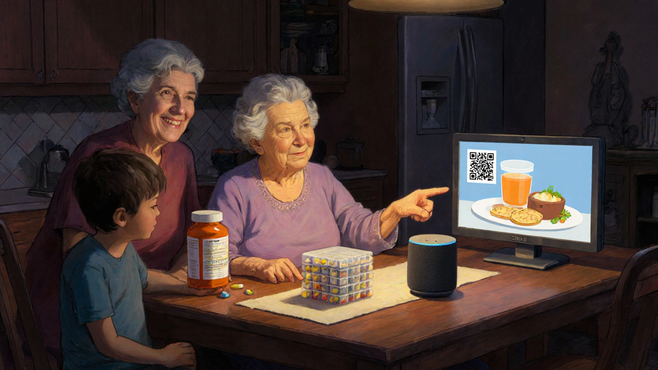 A family uses a pill organizer and QR code to understand medication instructions together at the kitchen table.