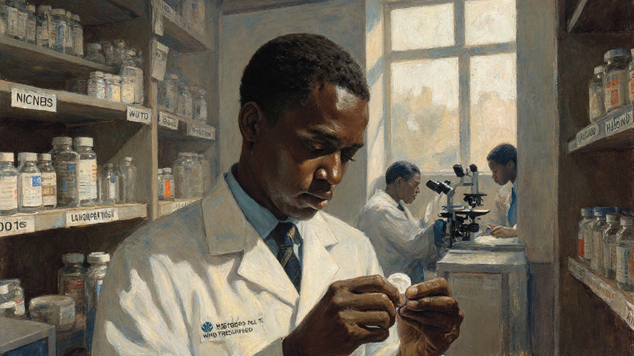 A Kenyan pharmacist packages WHO-approved TLD tablets in a local factory with sunlight streaming through windows.