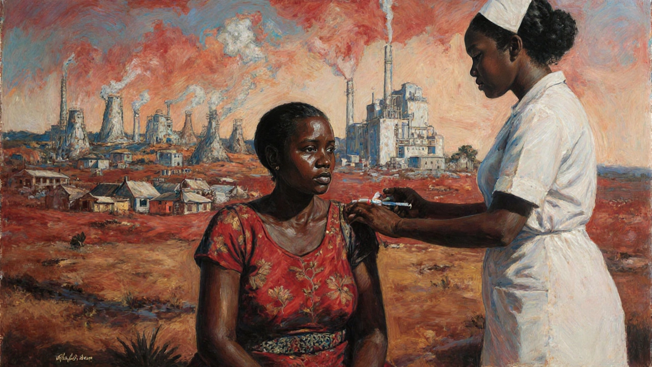 A mother receives a long-acting HIV injection in a rural village, with a mural behind her showing Africa&#039;s health innovation.