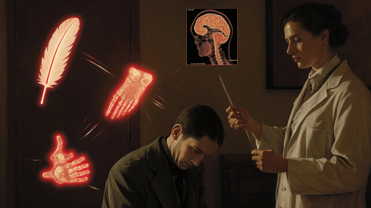 A patient in a doctor&#039;s office with floating symbols of pain, while an empty X-ray hangs on the wall.